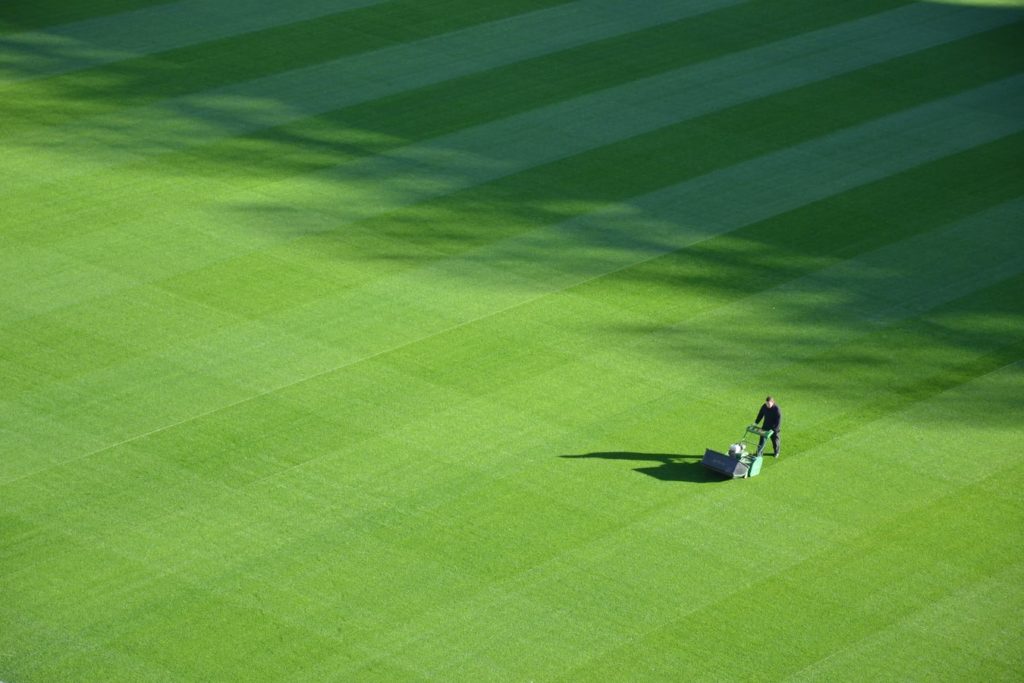 Landscaper mowing alternating lines in grass field