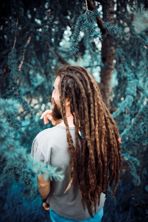 Man with dreadlocks surrounded by trees