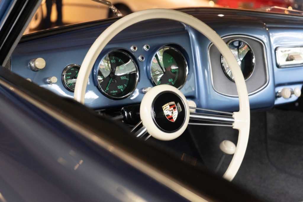 Interior of driver's side dashboard and steering wheel