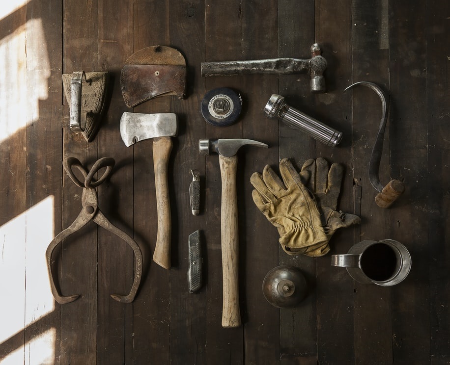 Aged assortment of tools that are used by handymen