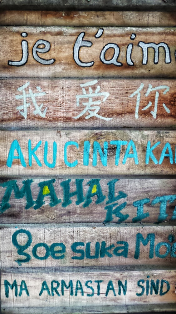Piece of wood with phrases written in several different languages