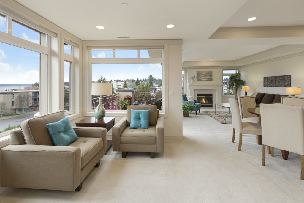 Staged photo of an open concept living and dining room area